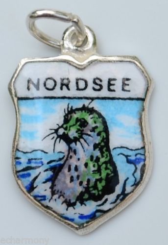Nordsee GERMANY - Seal - Vintage Silver Enamel Travel Shield Charm - Click Image to Close